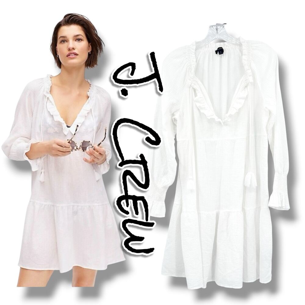 J.Crew Tiered Tunic Mini Dress White Cotton Gauze Ruffle Tassel Boho Beach Sz M